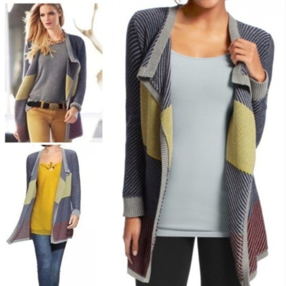 CABI 467 Chunky Blanket Waterfall Cardigan Color Block Open Front Stripe Sweater